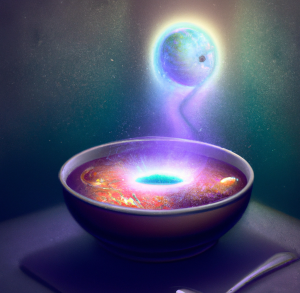 A bowl of soup that is also a portal to another dimension, digital art