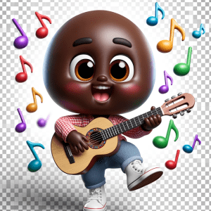Animated African American Cocomelon toddler dancing with a colorful toy guitar