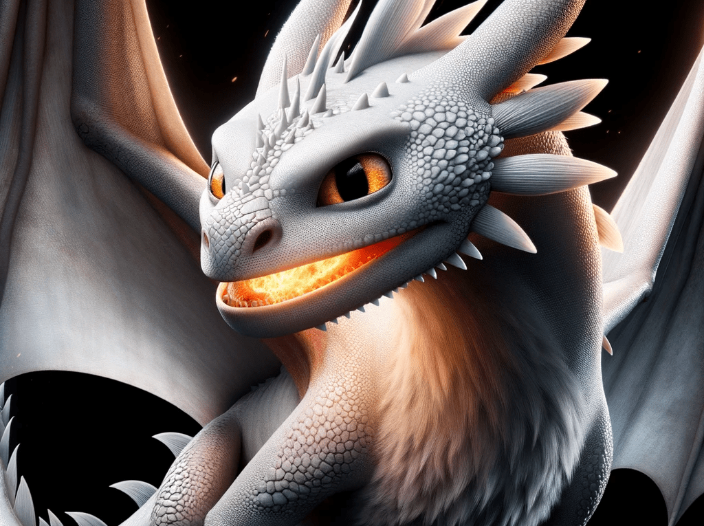 Light Fury, the radiant white dragon from "How to Train Your Dragon," glowing brightly with her sleek design and mystical aura.