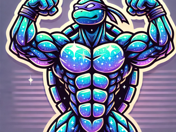 A muscular Buff Squirtle PNG sticker design with a holographic shell and exaggerated cartoon muscles