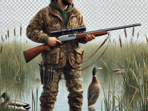 A detailed digital illustration of a duck hunter in camouflage holding a shotgun with a transparent background.