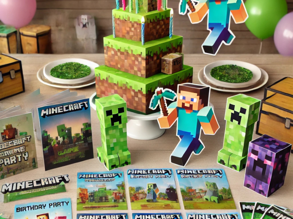 Vibrant Minecraft-themed birthday party setup featuring pixel art decorations, including Creeper cake toppers, crafting table invitations, and loot chest goodie bags. A fun and colorful block-style celebration with Minecraft characters in the background.